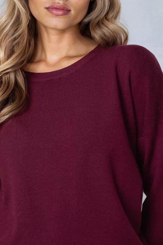 Burgundy Crew Neck Fine Knit Jumper