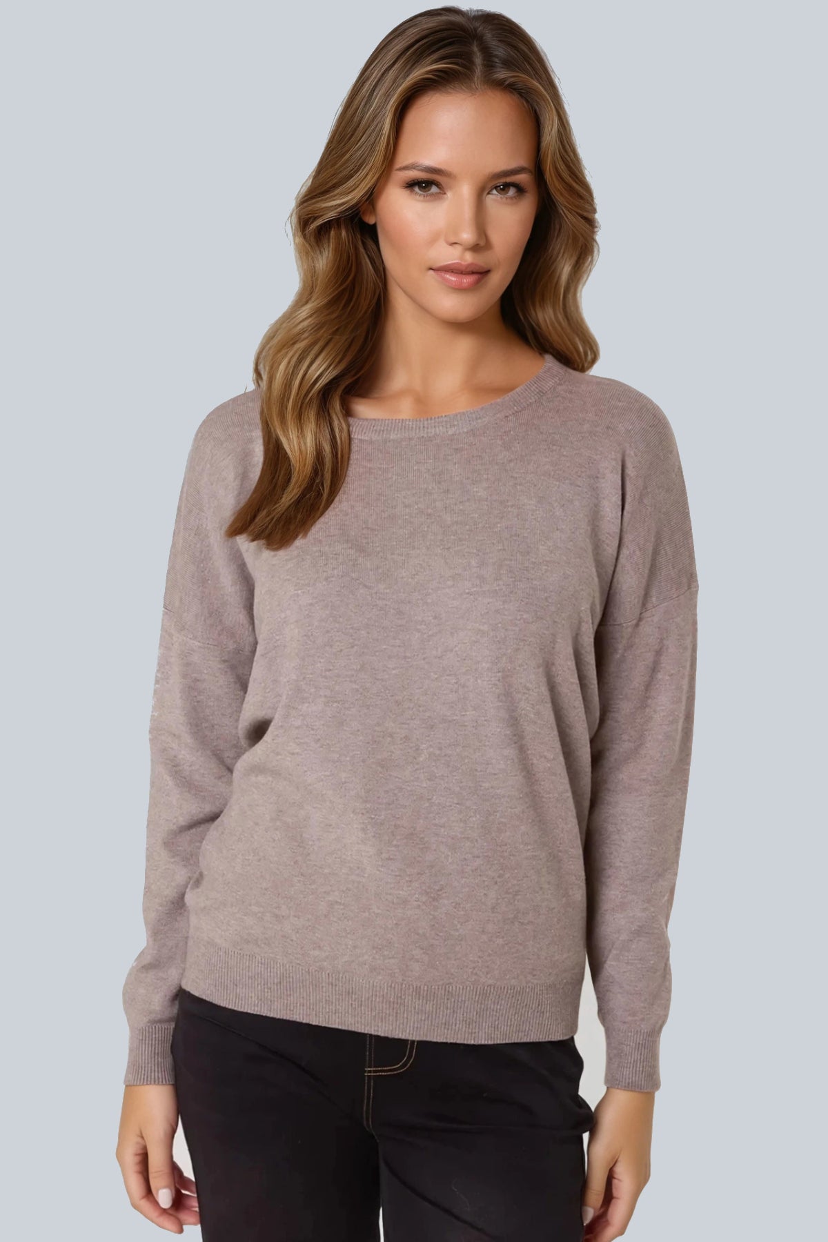 Mocha Crew Neck Fine Knit Jumper