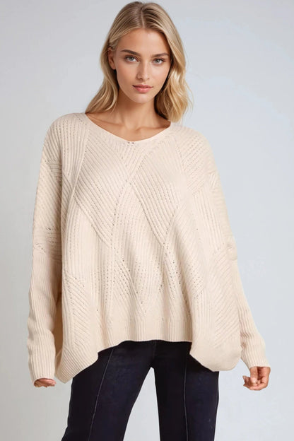Beige Diamond V Neck Knit Jumper