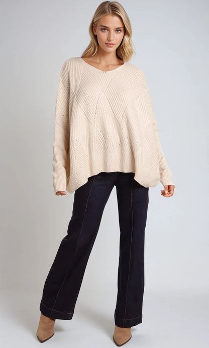 Beige Diamond V Neck Knit Jumper
