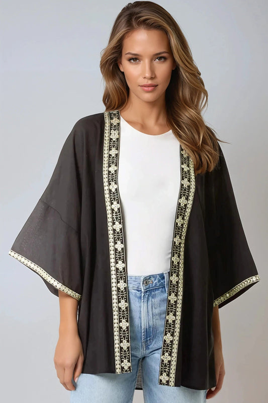 Black Embellished Edge Kimono