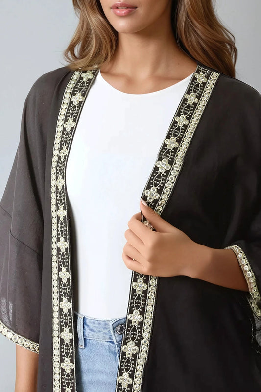 Black Embellished Edge Kimono