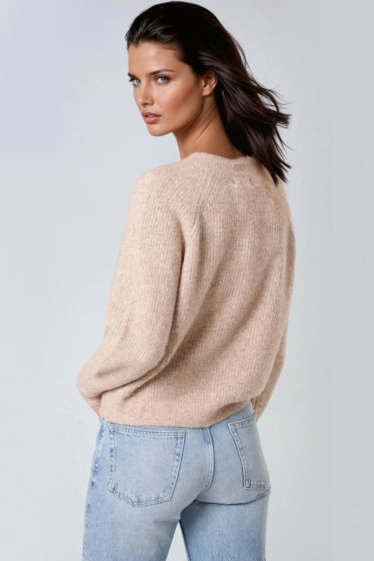 Beige Wool Blend Ribbed Knitted Cardigan