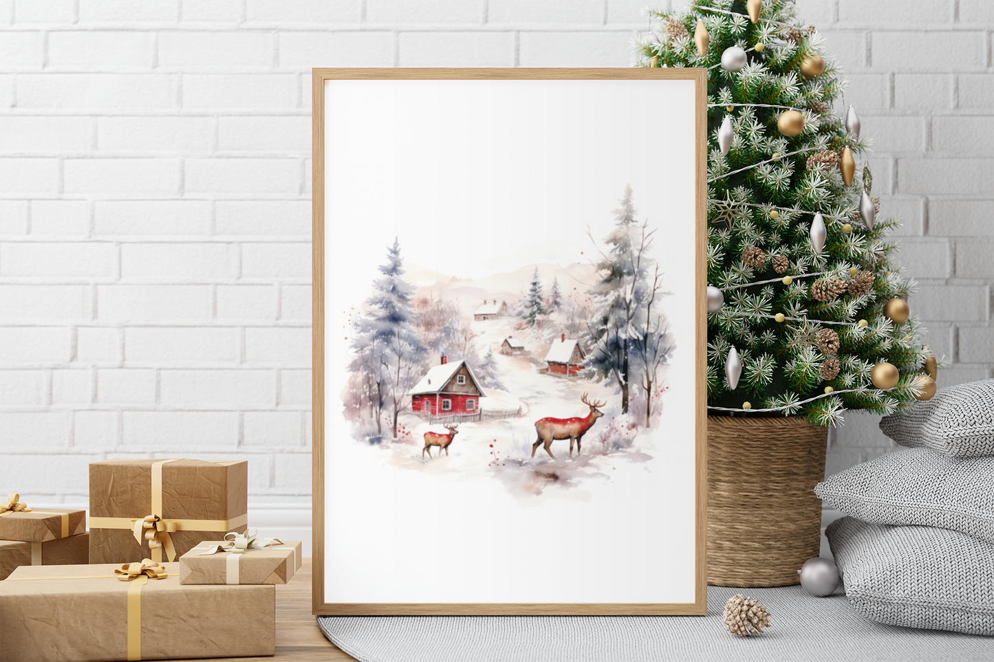 Christmas Reindeer Scene Winter Christmas Seasonal Wall Home Decor Print