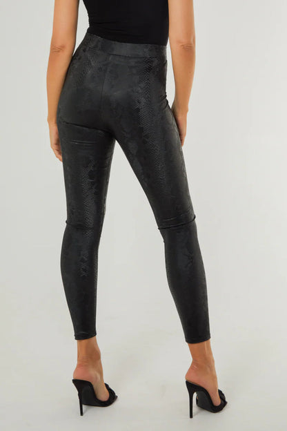 Black Snake Print Leather Look Leggings